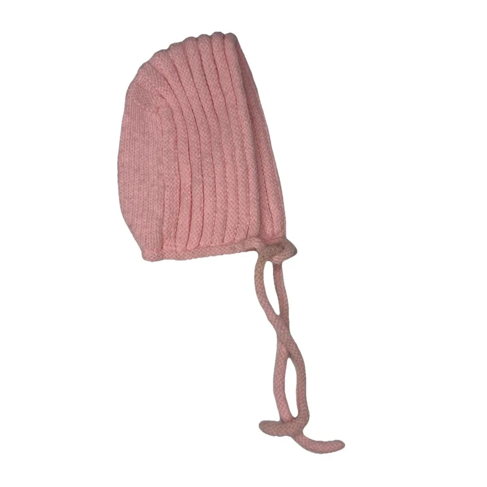 Vintage Baby Tied Bonnet Hat Hand Knitted Peach Pink, Winter‎ Cute, Adjustable